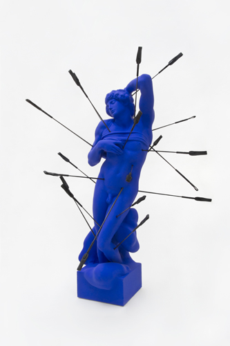 <b>The Dying Slave (for Michelangelo)</b><br>46" x 34" x 35" <br>re-purposed Toscano resin garden sculpture, fiberglass, leather, foam, concrete